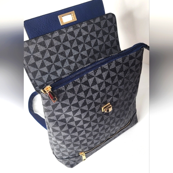 Stylish Black Monogram Women's Blue Colorblock Backpack Purse - Picture 5 of 9